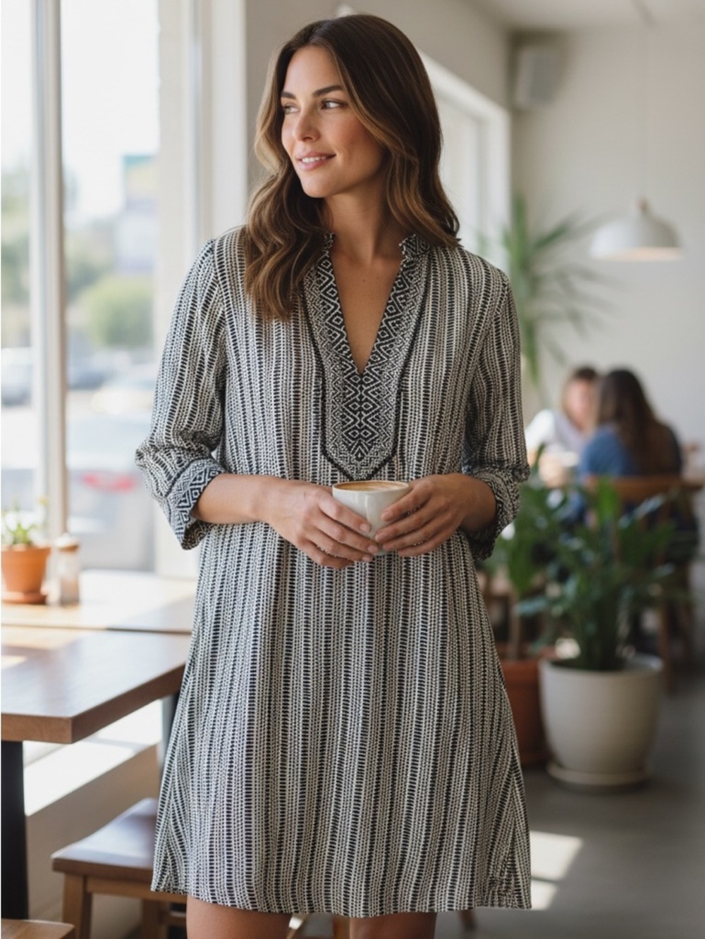 Tory Burch Black White Geometric Long Sleeve Lightweight Dress Size 4